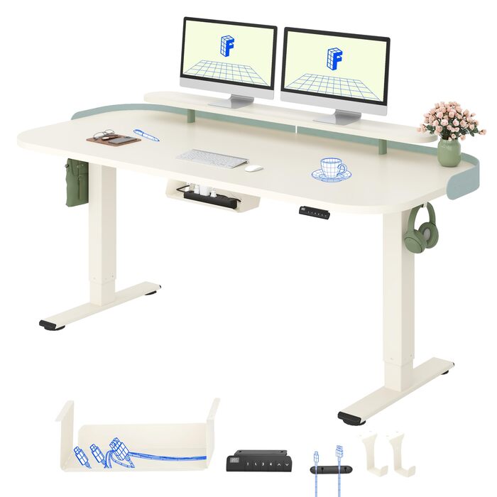 Електричний регульований стіл FLEXISPOT з подвійним двигуном, 160x80 см, білий, з пам'яттю та кабельною системою