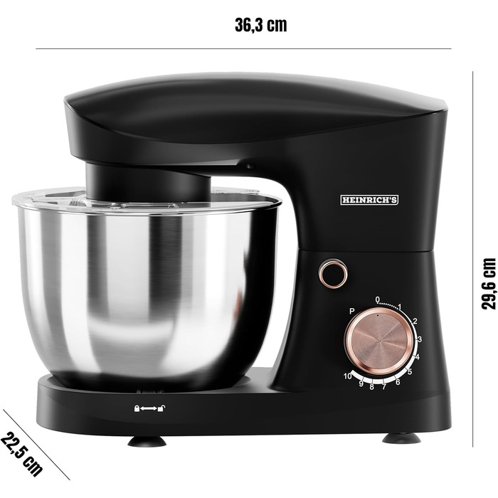 Кухонна машина Heinrichs 1500W з місткою чашею 6L з нержавіючої сталі, 10 швидкостей, набір насадок (міксер, гак для тіста, вінчик)