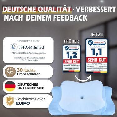 Подушка для шиї з Memory Foam, ергономічна, для всіх типів сну, з чохлом, сертифікат Oeko-TEX®, регулює температуру, (Блакитна, запасний чохол)