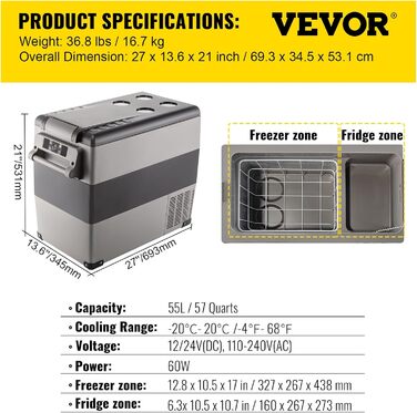 Автохолодильник VEVOR 35/55л нержавіюча сталь 12/24V, 220V: портативний компресорний кулер для авто, кемпінгу, подорожей (-20°C до +20°C)