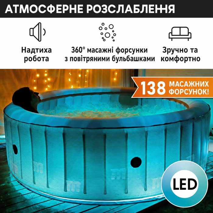 Надувний СПА-басейн BRAST MSpa Starry з LED-підсвіткою для 6 осіб, 204x70 см, 138 гідромасажних форсунок, енергозберігаючий таймер, функція нагріву та масажу, для вулиці та приміщення