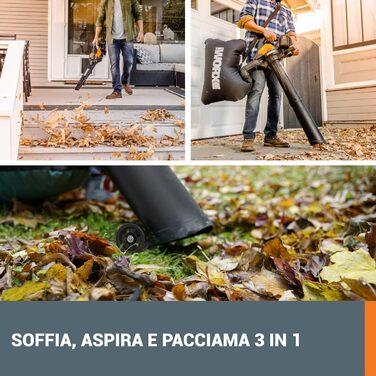 WORX WG505E Trivac: Електричний повітродув та пилосос для листя 3000 Вт – 3-в-1 (повітродув, пилосос, мульчер) – швидкість повітря 335 км/год, об'єм всмоктування 600 м³/год – з мішком 45 л
