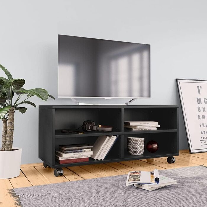 Тумба для телевізора на колесах vidaXL, чорна, 90x35x35 см, ДСП, низький телевізійний стіл, меблі для ТВ, комод, HiFi шафа