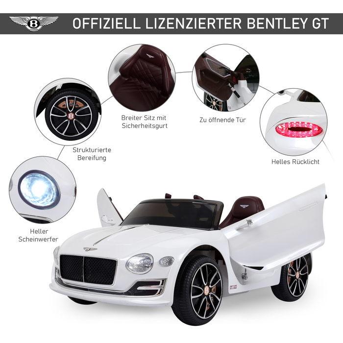 Дитячий електромобіль Bentley GT ліцензійна модель з пультом дистанційного керування, 2 x 390 двигуни, білий колір, розміри 108 x 60 x 43 см