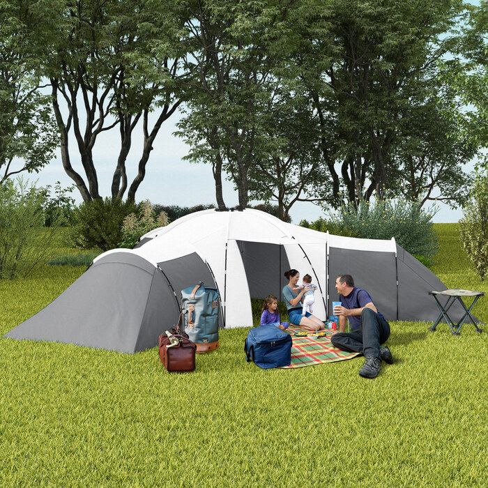 Кемпінговий намет Outsunny Tunnel Tent на 6-9 осіб з 3 спальнями, вітальнею та верандою, водяний стовп 2000 мм, сірий