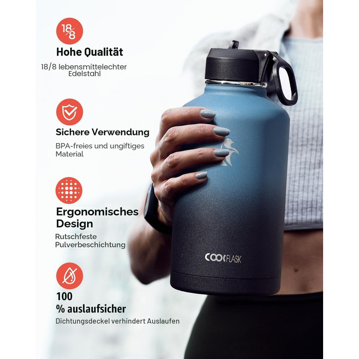 Термобутилка Coolflask 2Л зі сталі нержавіюючої з соломинкою та 3 кришками, вакуумний ізольований спорт-флакон для води та офісу, герметична, колір Indigo Black
