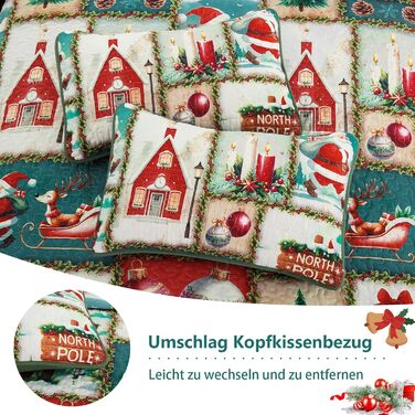 Покривало WONGS BEDDING 240x260 см, стьобане, мікрофібра, комплект 3 предмети: покривало та 2 наволочки 50x75 см, зелений різдвяний малюнок ялинка та олень, для двоспального ліжка