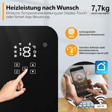 Електричний скляний конвектор TRESKO 2000Вт з WiFi, сенсорним керуванням і LCD-дисплеєм, настінний або підлоговий, чорний