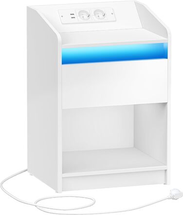 Тумба приліжкова Hzuaneri з LED-підсвіткою, USB, розетками, шухлядою та відкритою полицею, біла, для спальні та вітальні
