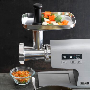 Електрична м'ясорубка GRAEF Multiwolf FW500, металевий корпус, 2500 Вт, з цифровим дисплеєм та захистом від перевантаження, срібляста