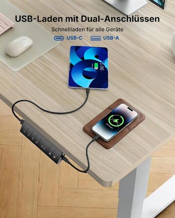 Регульований стіл HUANUO 160x80 см з USB-C/A зарядкою, висота 72-118 см, 4 режими пам'яті, кабель-менеджмент, колір світло-вінтажний дерево