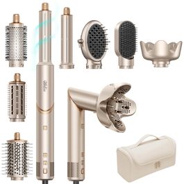 UKLISS Hairstyler Airstyler 8-в-1: Фен-щітка, випрямляч, плойка, насадки для об'єму та іонізація - Швидке сушіння для всіх типів волосся, колір шампань