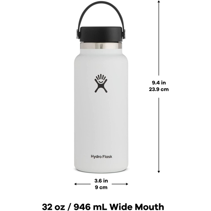 Термобутилка Hydro Flask з нержавіючої сталі, вакуумна ізоляція, велика шийка, герметична кришка Flex Cap, 946 мл, біла і чорна
