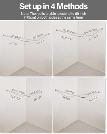 Crkmire L-подібний карниз для душу 61-134 см, 90° кут, вигнута штанга для ванної кімнати, сріблястий, з 12 кільцями