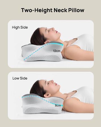 Подушка для шиї Feagar з Memory Foam, ергономічна, 2 висоти (8/12 см), сіра. Підтримка шиї та плечей