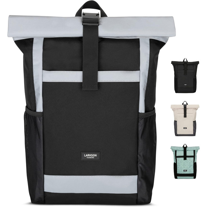 Жіночий рюкзак LARKSON Rolltop чорний, водовідштовхувальний, антивандальний, з відділенням для 16'' ноутбука, рефлективний, для школи, університету, велосипеда, робочий, екологічний