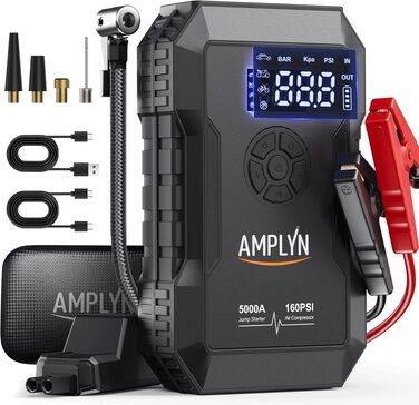 Пусковий пристрій для авто (бустер) з компресором 160 PSI, 5000A, 12V, портативний бустер для бензинових та дизельних двигунів (до 10л), швидка зарядка Type-C, ліхтарик