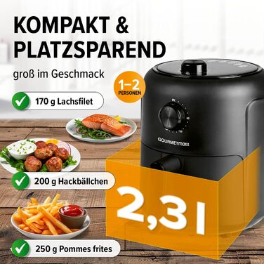 Аерофритюрниця GOURMETmaxx 2,3 л з таймером і сенсорним екраном, 8 функцій, 7 програм, енергозберігаюча, майже без олії, міні-піч, 1000 Вт, чорна