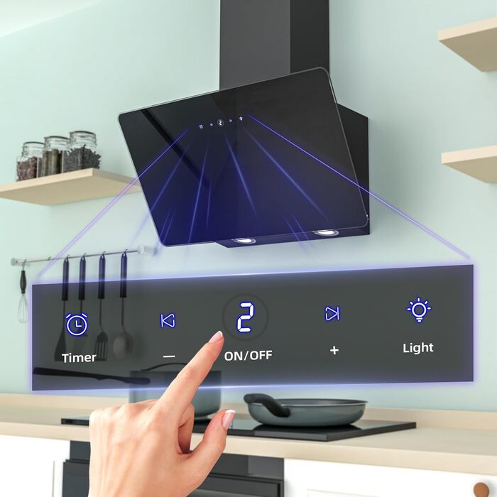 Похила витяжка для кухні FIREGAS 60 см, чорна (TouchControl), режим відведення та рециркуляції, безщеточний мотор, LED-підсвітка, клас енергоефективності A++