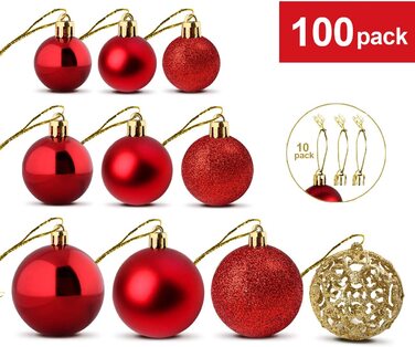 Набір ялинкових кульок ilauke 100 шт, червоні, блискучі, матові, глянцеві, до 6 см, новорічний декор для ялинки