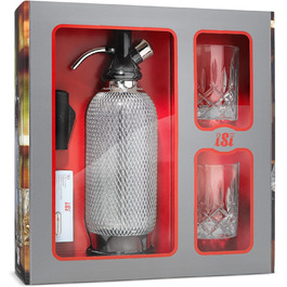 Сифон для газування води iSi Soda Maker Classic Geschenkset, 1 л, нержавіюча сталь, набір із 2 склянок і 10 капсул, барне приладдя для приготування содової води