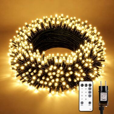 Світлодіодна гірлянда для ялинки та вулиці 50м, 500 LED, теплий білий колір, водонепроникна, з таймером та 8 режимами освітлення, зелений кабель