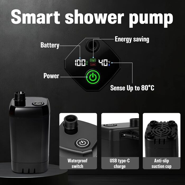 Портативний кемпінговий душ Goody King з помпою та акумулятором 6000mAh, складане відро 20Л, 3 режими струменя, LED-дисплей, IPX7 – для кемпінгу, автодому, саду та миття собак