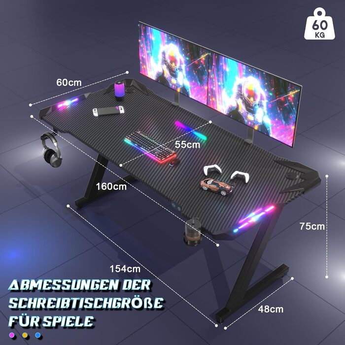 Ігровий стіл JUMMICO з RGB LED-підсвіткою, комп'ютерний стіл для геймерів та Home Office з тримачем для навушників та підстаканником, чорний (160x60 см)