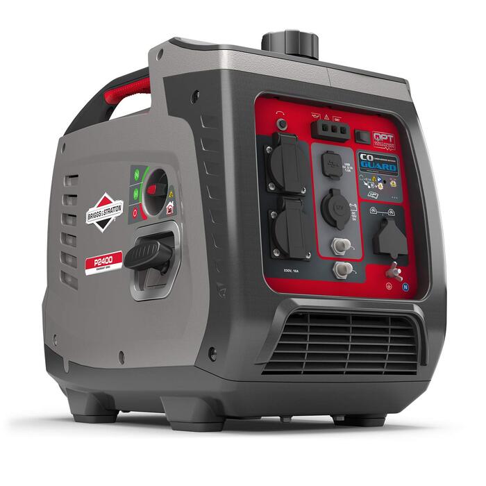 Інверторний бензиновий генератор Briggs & Stratton PowerSmart P2400, 2400 Вт (1800 Вт постійної потужності), 230 В, ультратихий та легкий, сіро-червоний