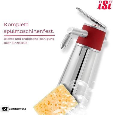 iSi Thermo XPress Whip PLUS 1 л — професійний сифоновий збивач вершків із термоізоляцією для гарячих і холодних соусів та вершків, нержавіюча сталь, підходить для посудомийної машини, сріблястий/червоний, з щіточкою для чистки