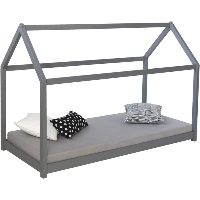 Дитяче ліжко Montessori Homestyle4u 90x200 см, сірий колір, з ламелями, з дерева (сосна)