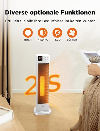 Керамічний обігрівач Midea NTH20-22ER(WH), 2000 Вт, з термостатом і дистанційним керуванням, енергозберігаючий, 2 режими нагріву, таймер 24 години, ECO-режим, осциляція 75°, для великих приміщень, білий