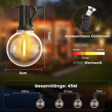 Гірлянда вулична LED Yuusei 60м з димером, IP45, 82 лампи G40 для саду, тераси, вечірки