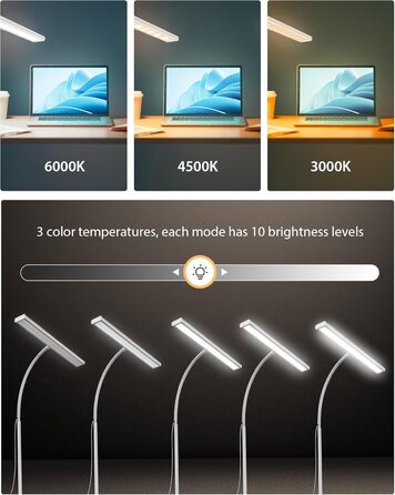 iFalarila Настільна лампа 10W з LED, диммер, USB-порт, 3 колірні температури, 10 рівнів яскравості, гнучкий 70см шийний світильник з пультом ДУ
