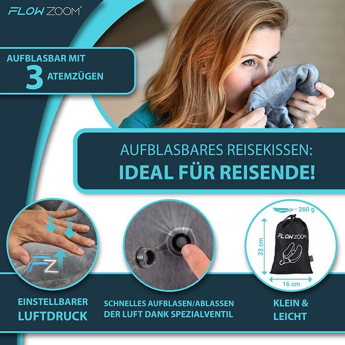 FLOWZOOM AIR надувна подушка для шиї з капюшоном, сіра, розмір L – дорожня подушка для літака, швидке надування, ортопедична подушка для подорожей для дорослих