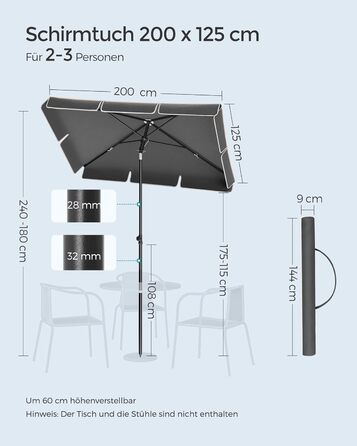Сонячна парасоля SONGMICS 200x125 см, UPF 50+, регульована висота, двосторонній нахил 30°, для балкона, саду, з чохлом, без підставки, сіра