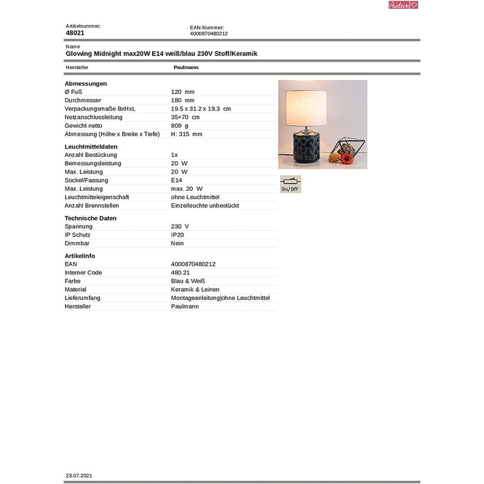 Настільна лампа Pauleen Glowing Midnight, кераміка/тканина, E14, 20Вт, синьо-біла, 230В, без лампи