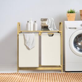 Бамбуковий кошик для білизни ML-Design, темно-синій, 60 л, з 2 відсіками та висувними мішками, з полицею для ванної