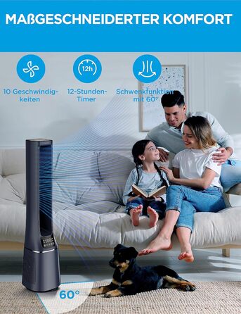 Midea MFP-120i (BL) Тихий турмовентилятор 2-в-1 з очищувачем повітря HEPA H13, LED-дисплей, дистанційне керування, осциляція, таймер 12 годин, Wi-Fi, сумісний з Alexa/Google, для приміщень до 47,6 м²