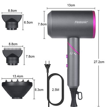 Фен Flintronic 2000 Вт з іонізацією, AC мотором, дифузором та 2 насадками, дорожній фен для волосся, 2 режими нагріву, 3 швидкості, сірий