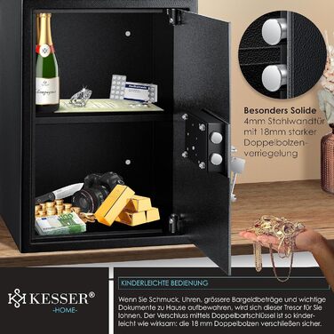 Сейф KESSER для меблів з двобортовим замком, чорний XL, 50x35x31 см, сейф для грошей, настінний/підлоговий, 2 ключі та кріплення