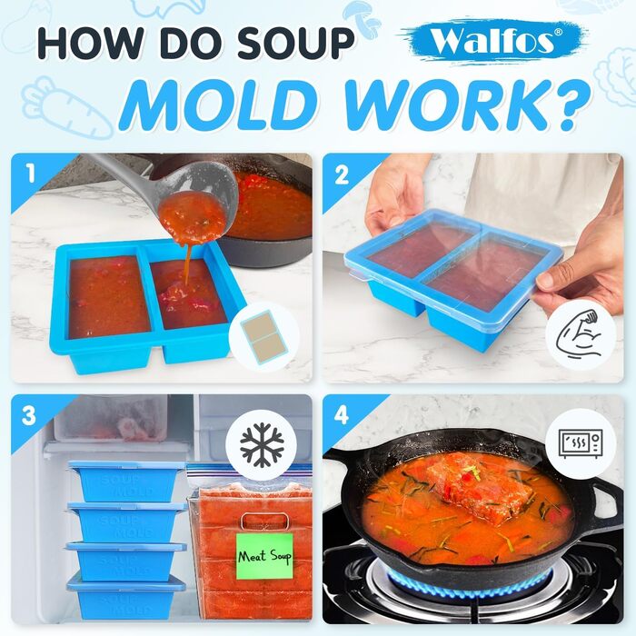 Контейнер для морозива Walfos® 1.5л, 2 шт. + Форми для льоду (4 шт.) - багаторазовий, силіконовий кришка, для домашнього морозива та йогурту