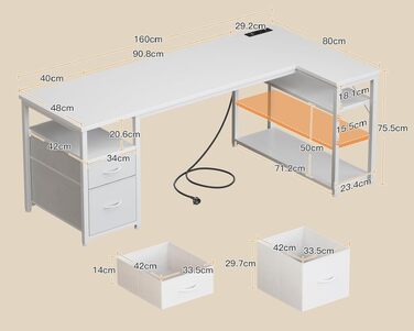 Кутовий письмовий стіл Coleshome з 2 шухлядами та полицею, 140x80 см, з розеткою, білий. Ігровий стіл для дому та офісу, 160x80 см
