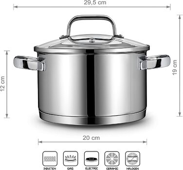 Каструля індукційна Linnuo 20 см з кришкою, 3,5 л, з нержавіючої сталі 18/10, холодна ручка, універсальна для всіх плит, підходить для макаронів та спагетті