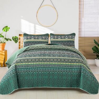 Покривало WONGS BEDDING 200x220 см, стьобане, 3 предмети, мікрофібра, зелений, з 2 наволочками 50x75, для двоспального ліжка та дивана, Boho стиль