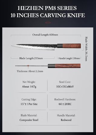 Професійний японський ніж Kiritsuke HEZHEN 21,5 см, кухонний ніж із тришарової дамаської сталі з восьмигранною ручкою з червоного дерева та дерев'яним чохлом