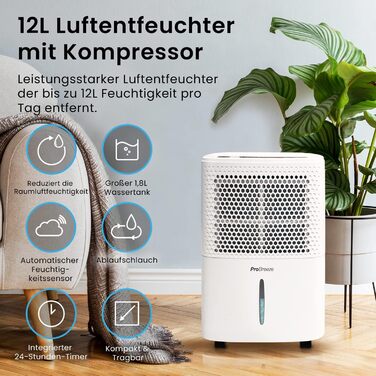 Осушувач повітря Pro Breeze 12 л/доба для приміщень до 20 м², 3 режими, цифровий дисплей, таймер, шланг, проти вологи та плісняви, білий