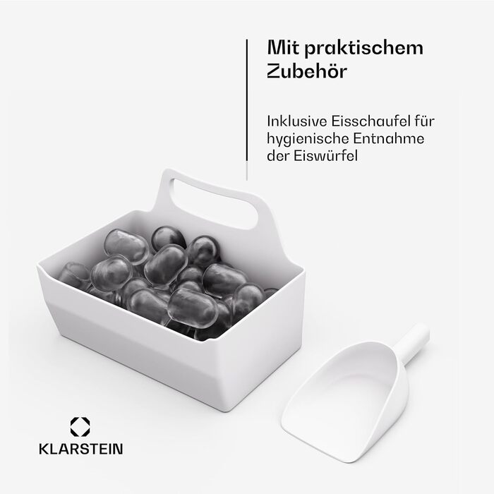 Льодогенератор Klarstein IceCraft 12 кг/24 год, швидке виробництво льоду (6 хв), 2 розміри, автоматичне очищення, для кухні та бару, 150 Вт, білий
