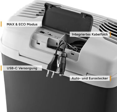 Автомобільний холодильник/термос First Austria 24L з USB-C PD 3.0 (52W) - для авто та кемпінгу, чорний/сірий