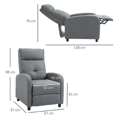 HOMCOM Recliner, Телевізор з функцією відкидання, Крісло для телевізора з білизною, М'яке крісло з пружинами-кишенями, Крісло вантажопідйомністю до 150 кг для вітальні, Grey